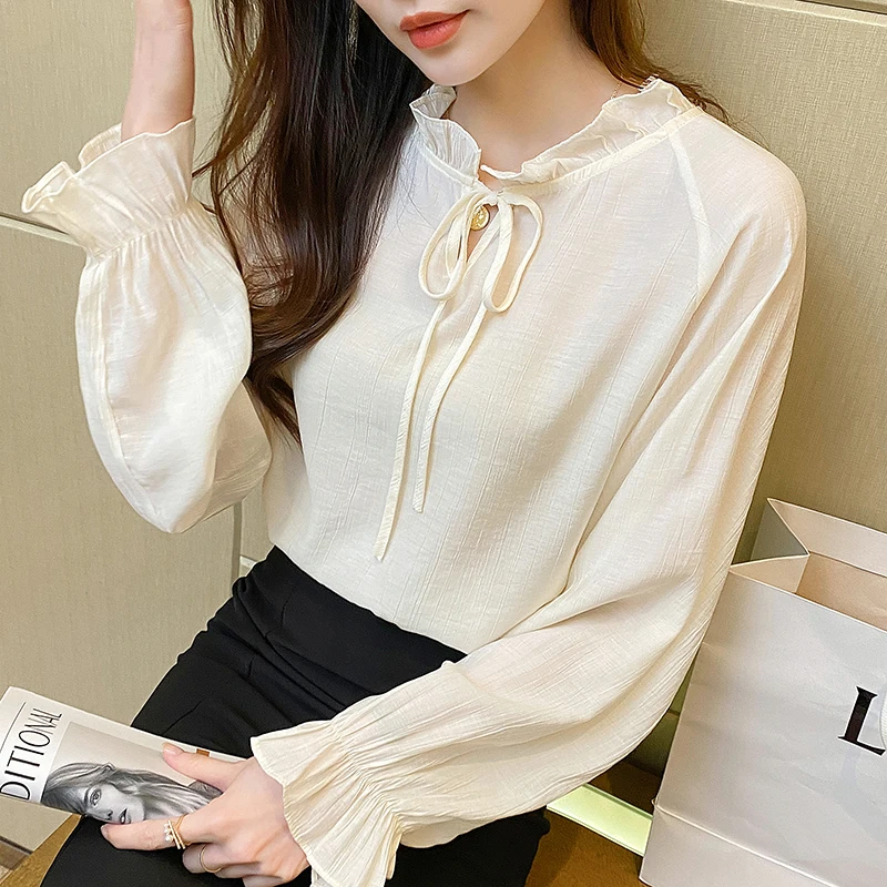 Blusas De Mujer Bonitas Y Baratas 2022 Top Mujer Korean Fashion Clothing Long Sleeve Blouse Chiffon Shirts Spliced Flare Sleeve