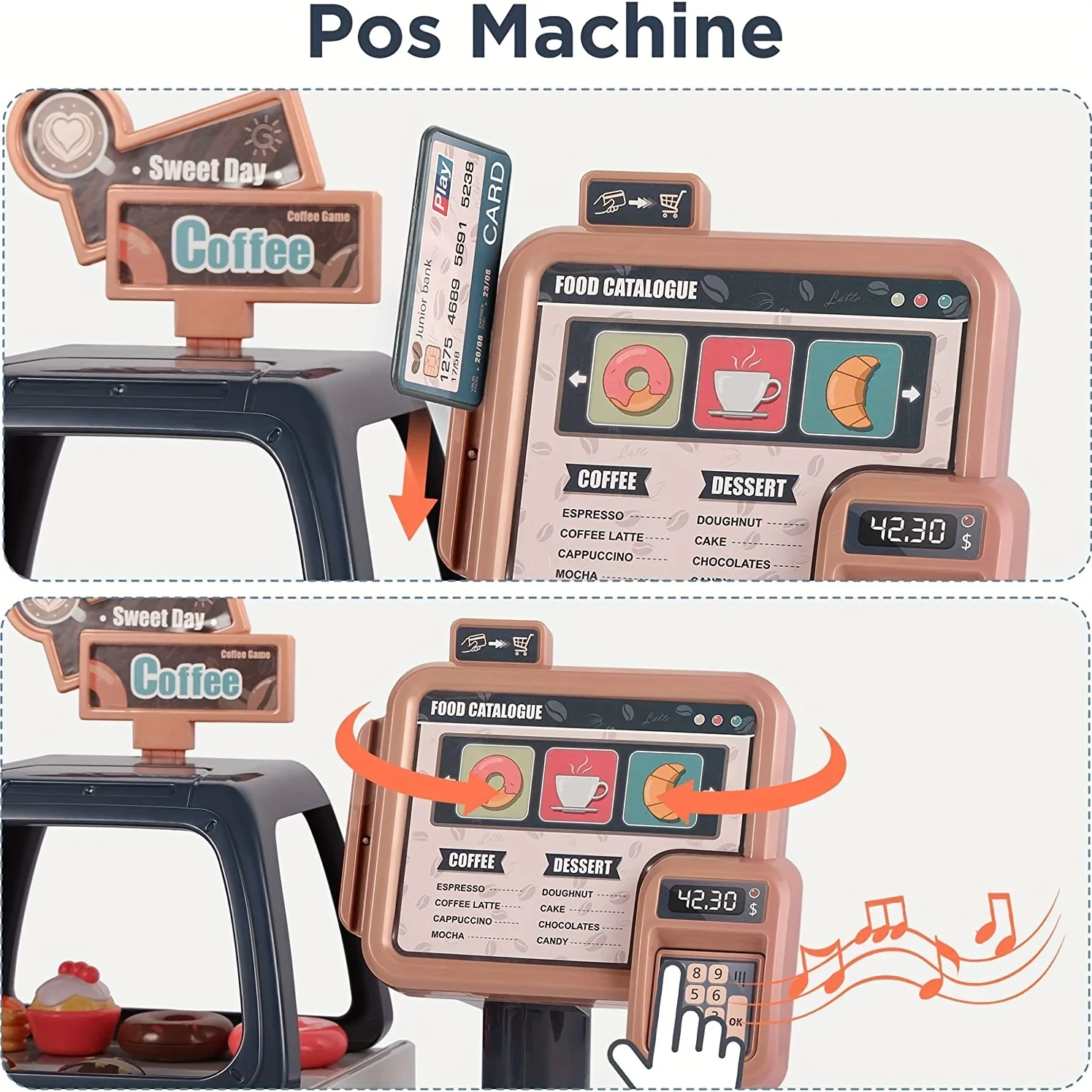 3 In 1 Toy Coffee Maker Machine And Cash Register Kit With Sound Light Pretend Role Play Toy Coffee Maker Machine & Fake Donuts