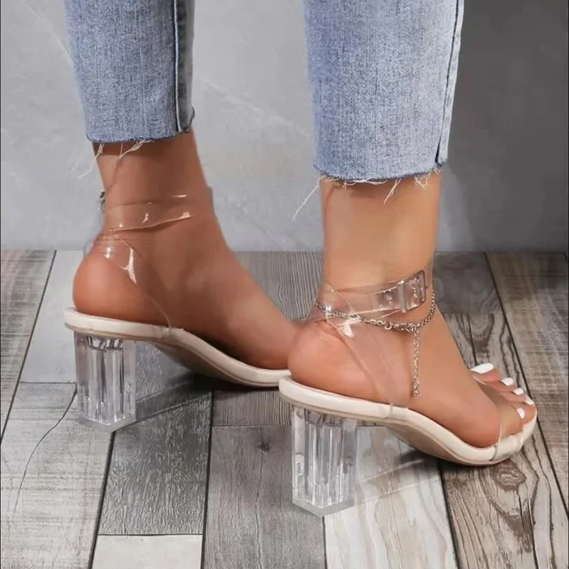 Open Toe Buckle Strap Sandals women sandals women high heels Roman Square Heel High Heels Sandals Women Summer Shoes Fashion PVC Wedge Ladies Pumps