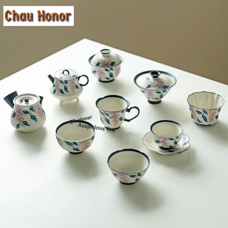 140ml Hand-painted Wisteria Flower Teapot Ancient Tea Infuser Pot Tea Soaking Kettle with Ball Hole Cha Decoration ornaments