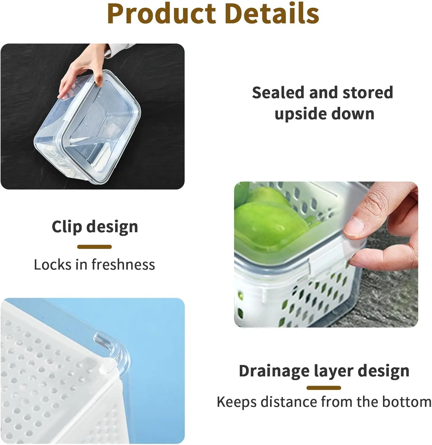 Fridge Food Storage Container Set with Lids with Strainer,Plastic Fresh Produce Saver Vegetable Fruit Meat Organizer 4