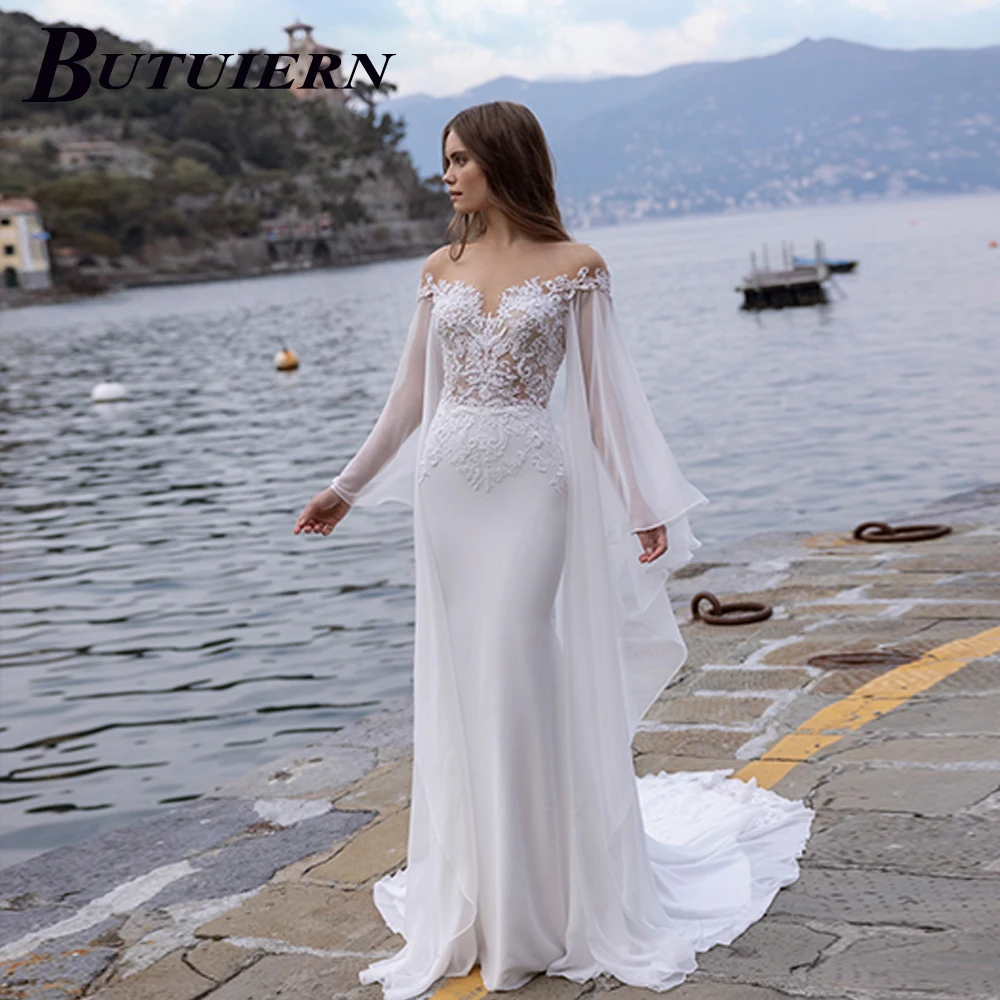 

COZOK Illusion Appliques Wedding Dress O-Neck Mermaid Lace Bridal Gown Back Button Long Sleeves With Sweep Train Customised