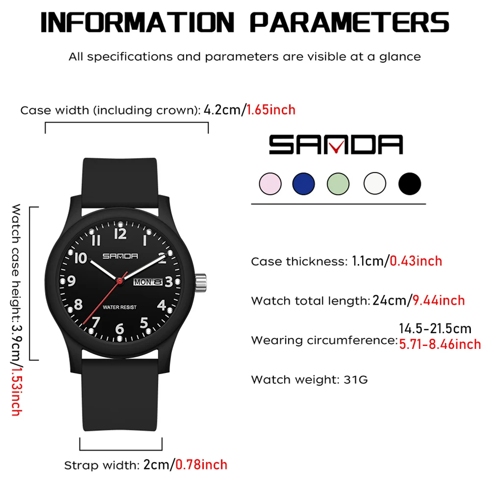 SANDA Men Watch Silicone Strap Fashion Casual Waterproof Luminous Clock Unisex Wristwatch Date Week Sport Man Watches 5
