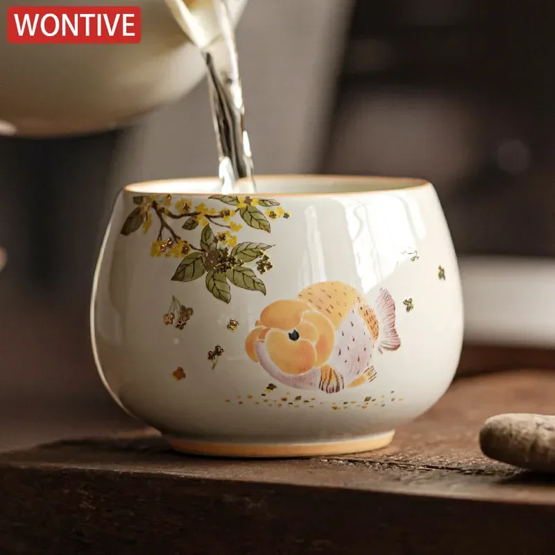 Golden Guifu Carp Teacup Travel Personal Meditation Cup Handmade Ceramic Tea Bowl Pu'er Master Cup Household Tea Set Accessories