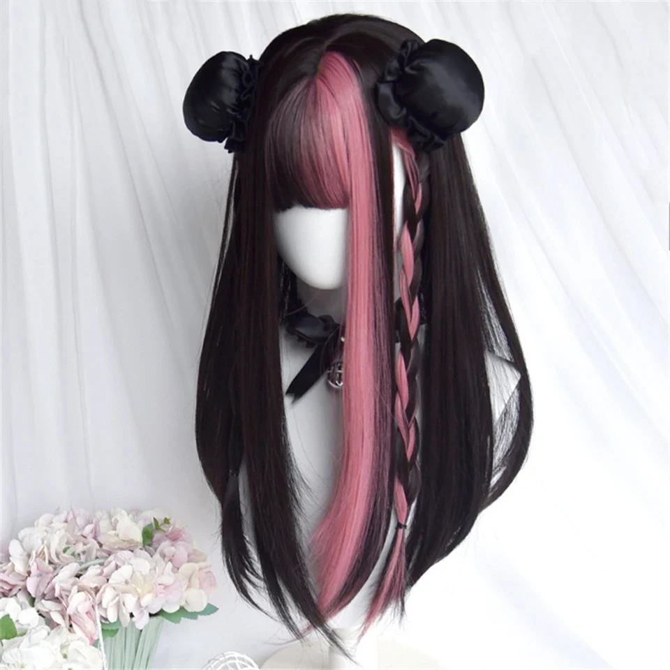 Synthetic Black Pink Hair Highlights Wig For Women Daily Wear