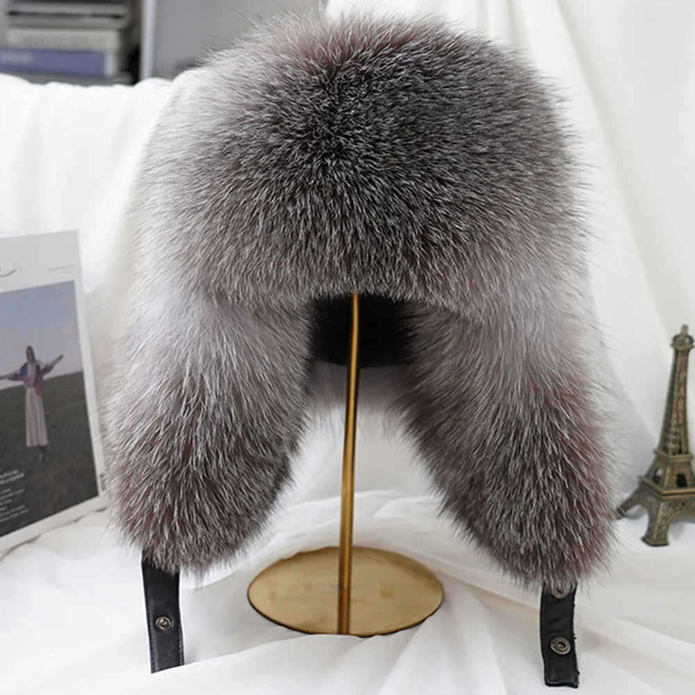 Winter Men's 100% Real Silver Fox Fur Aviator Bomber Hat Raccoon Fur Ushanka Cap Trapper Russian Man Ski Hats Caps Real Leather 3