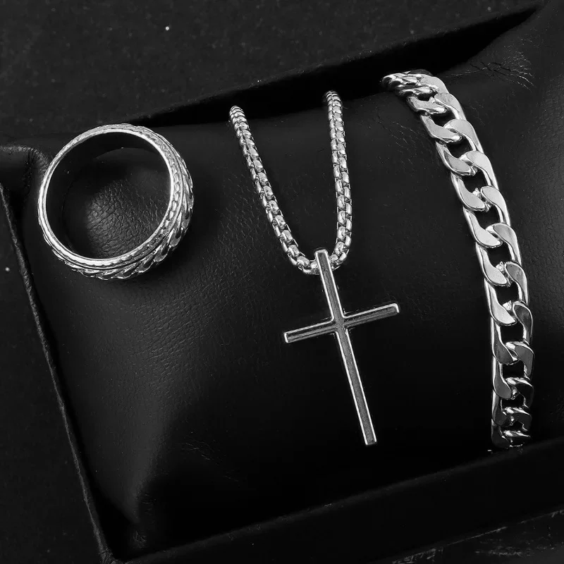 Punk Cross Pendant Necklace Bracelet Chain Ring Men's Jewelry Set jewelry sets jewelry set Simple Personality Hip Hop Party Three Piece Jewelry Accessories