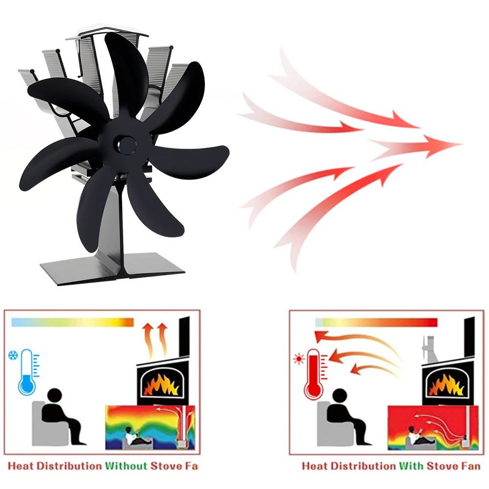 Calor alimentado lareira ventilador, queimador de madeira, Eco, silencioso, fogo, casa, quente, eficiente, distribuição, 7 lâminas