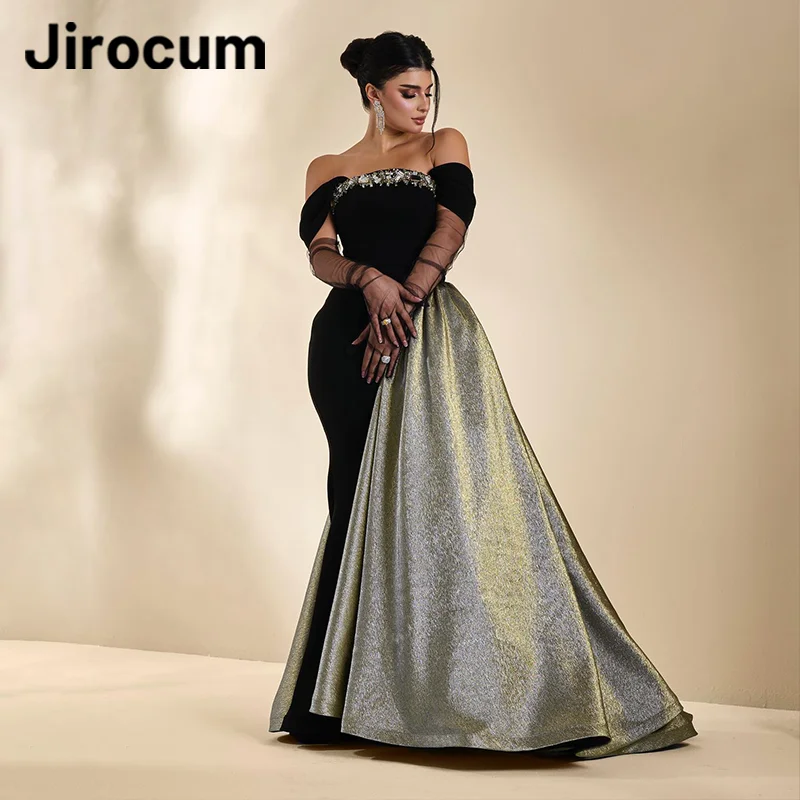 Jirocum Elegant Vintage A-Line Prom Dress Women's Off Shoulder Beaded Party Evening Gown Floor Length Special Occasion Gowns