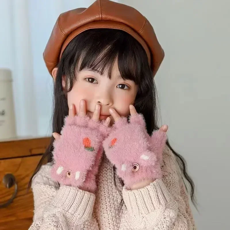 2-7Years Boy Girl Fur Wool Knit Kids Soft Half Finger Flip Gloves Children Winter Warm Cute Cartoon Rabbit Knit Mittens for Baby, winter gloves,baby mittens