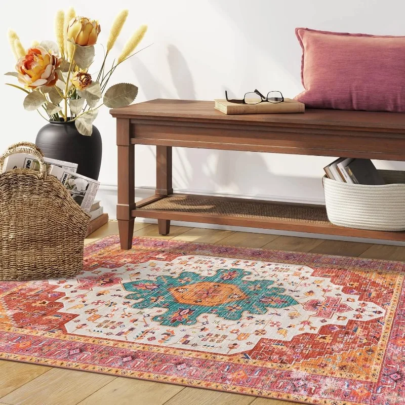 Vintage Persian Living Room Carpet Symmetrical Geometric Bedroom Plush Rug Foldable Machine Washable Non-slip Cloackroom Mats 러그