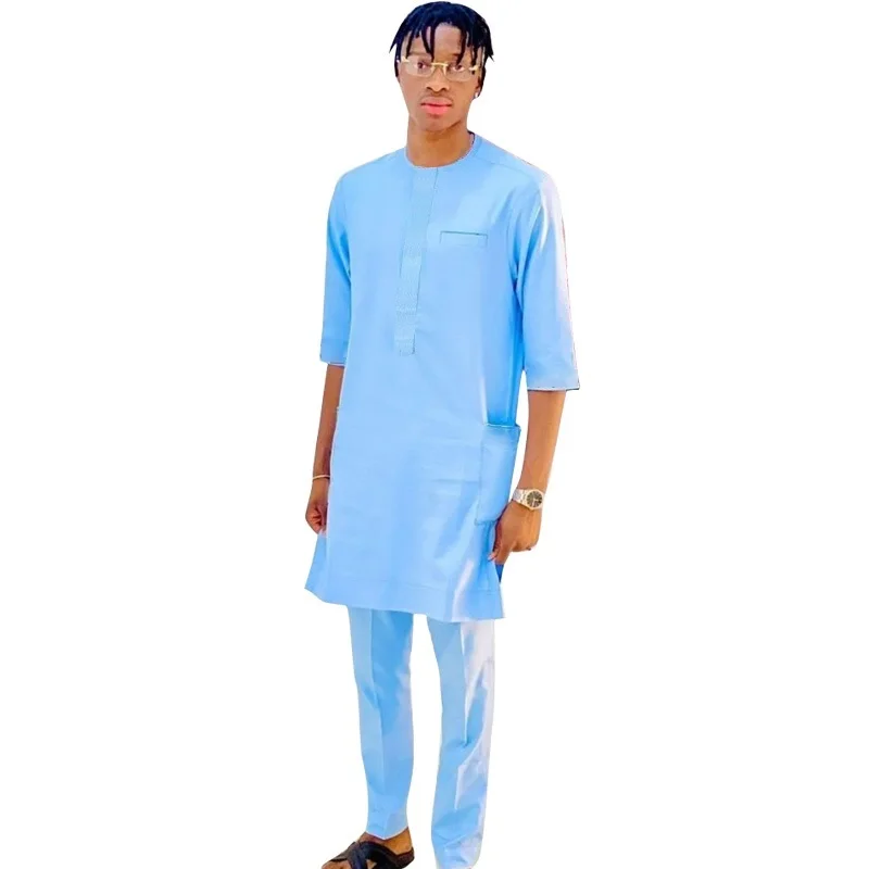 Baby Blue Men's Sets Nigerian Style Solid Groom Suit 3/4 Sleeves Shirts+Elastic Waist Trousers African Outfits