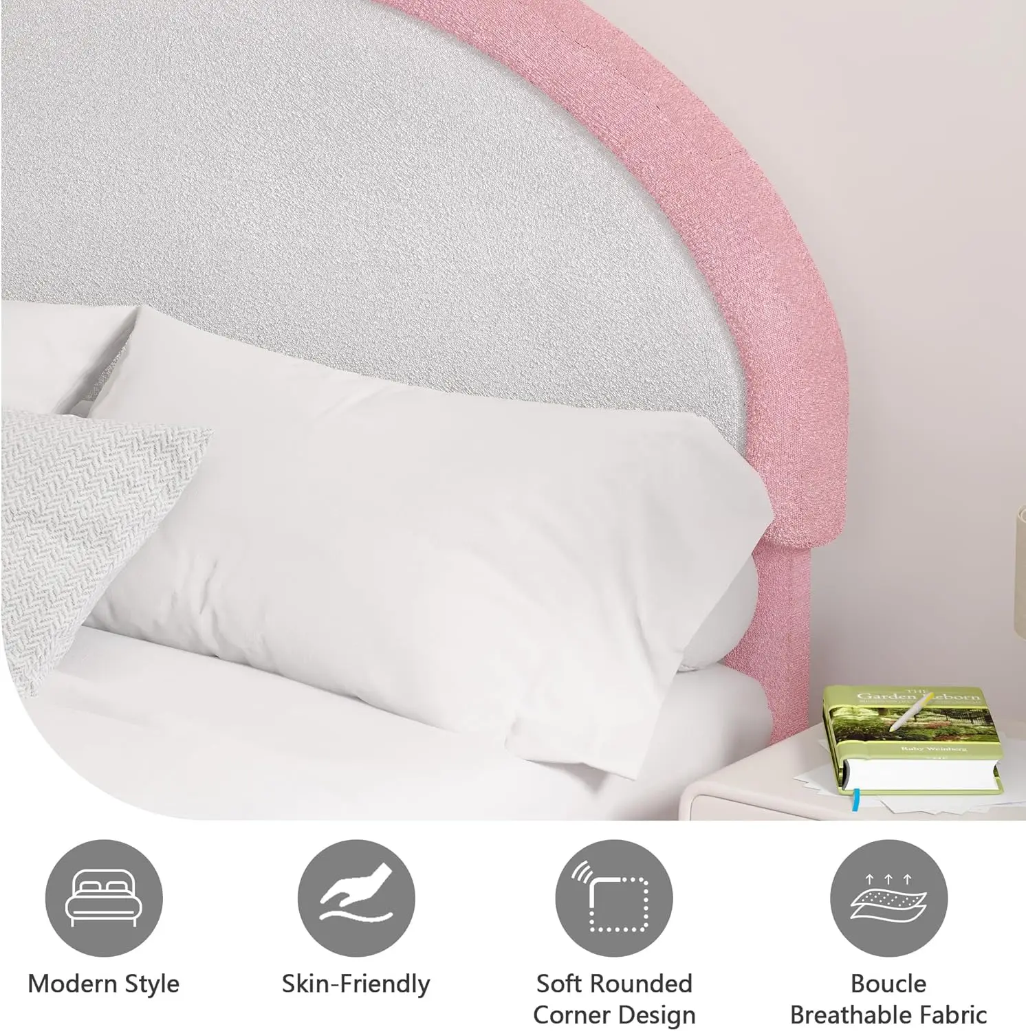 Upholstered Platform Bed Queen Size with Headboard, Pink Bed Frame for Girls Kids, Low Profile Bed, Rounded Corners