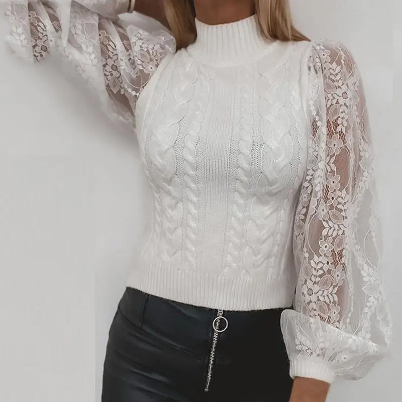 

Elegant White Stitching Lace Long Sleeve Knitted Sweater Women Fashion New High Neck Loose Casual Solid Color Oversized Sweaters