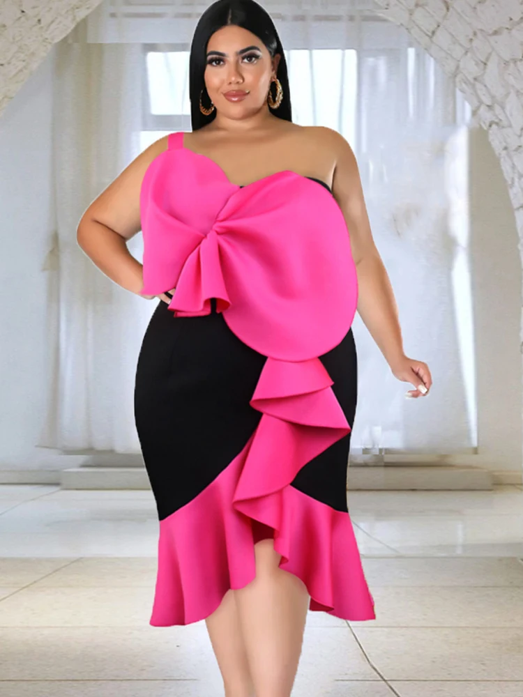 Asymmetrical Party Dress for Women One Shoulder Fuchsia Patchwork Ruffles Celebraty Evening Large Size Knee Length Gwons Outfits