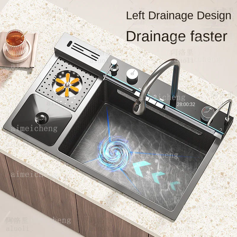 Stainless Steel Waterfall Kitchen Sink Digital Display Large Single Slot Multifunctional Dishwashing Sinks Embossed Washbasin
