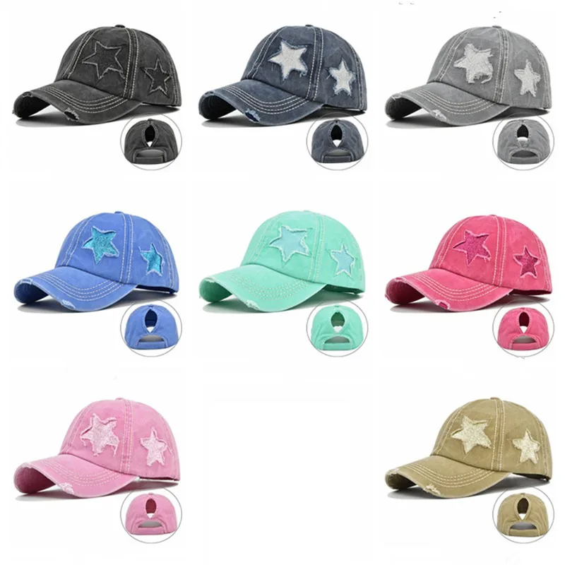 

Женская Бейсболка с пятиконечными звездами и блестками, ретро-стильные старые кепки с заостренными углами, модная потертая бейсболка с оплеткой, кепки для девочек с хвостом