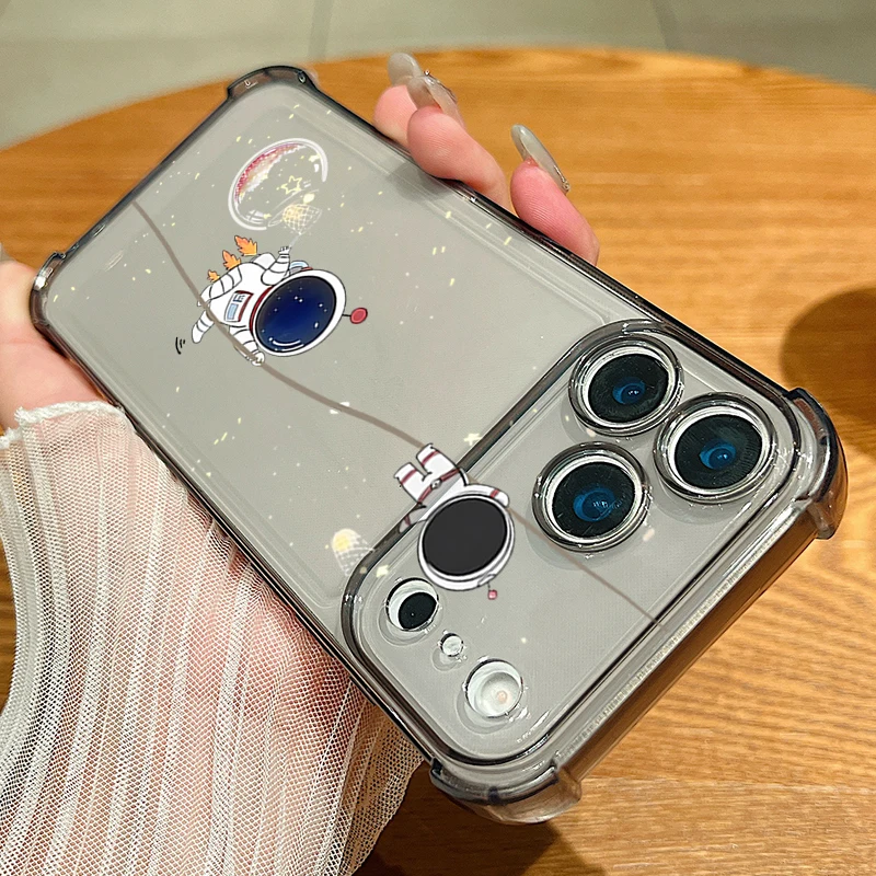 Astronaut Design Shockproof Clear TPU Phone Case with Card Slot Pocket
