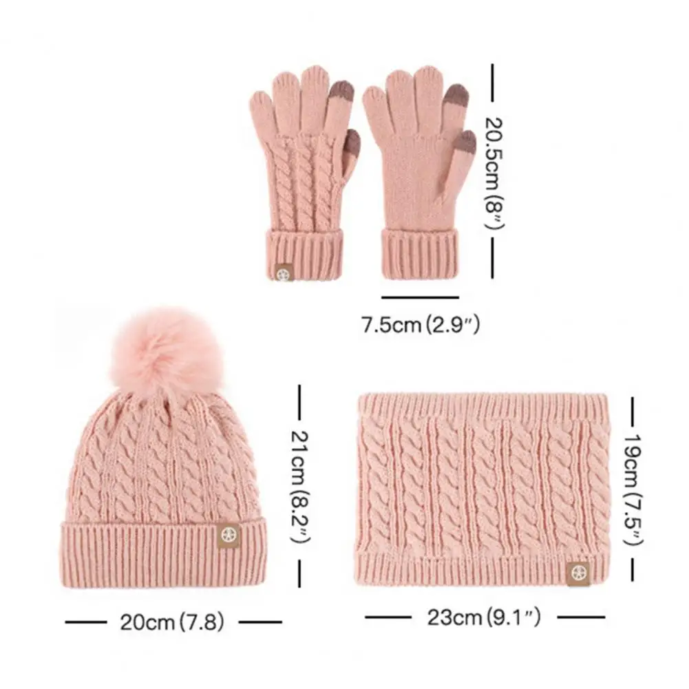 

Knitted Kids Hat 3-piece Kids Winter Outdoor Windproof Knitted Set Pompom Beanie Scarf Full Finger Gloves Kit for 5-12 Years