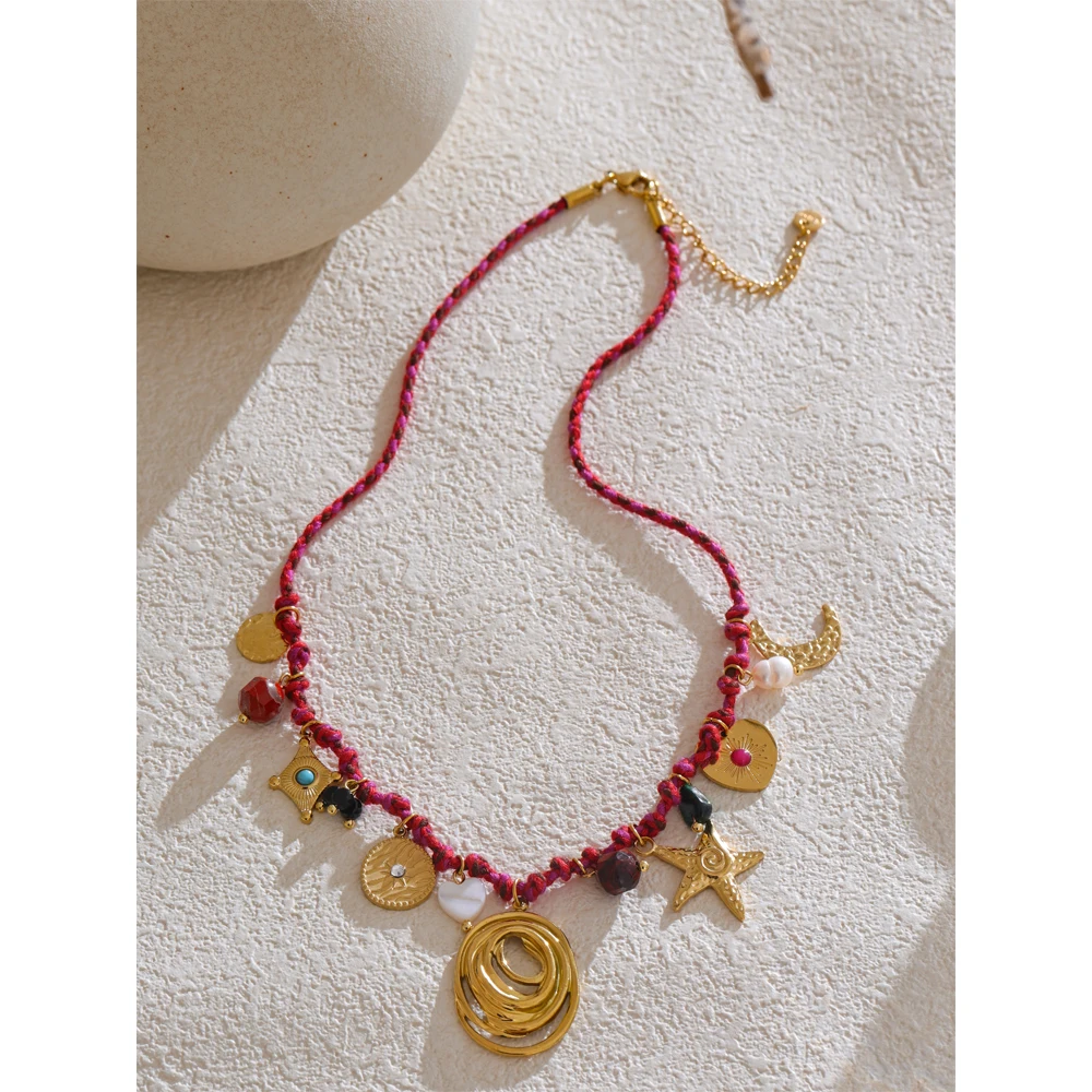 Yhpup Necklace Natural Stone Moon Star Stainless Steel