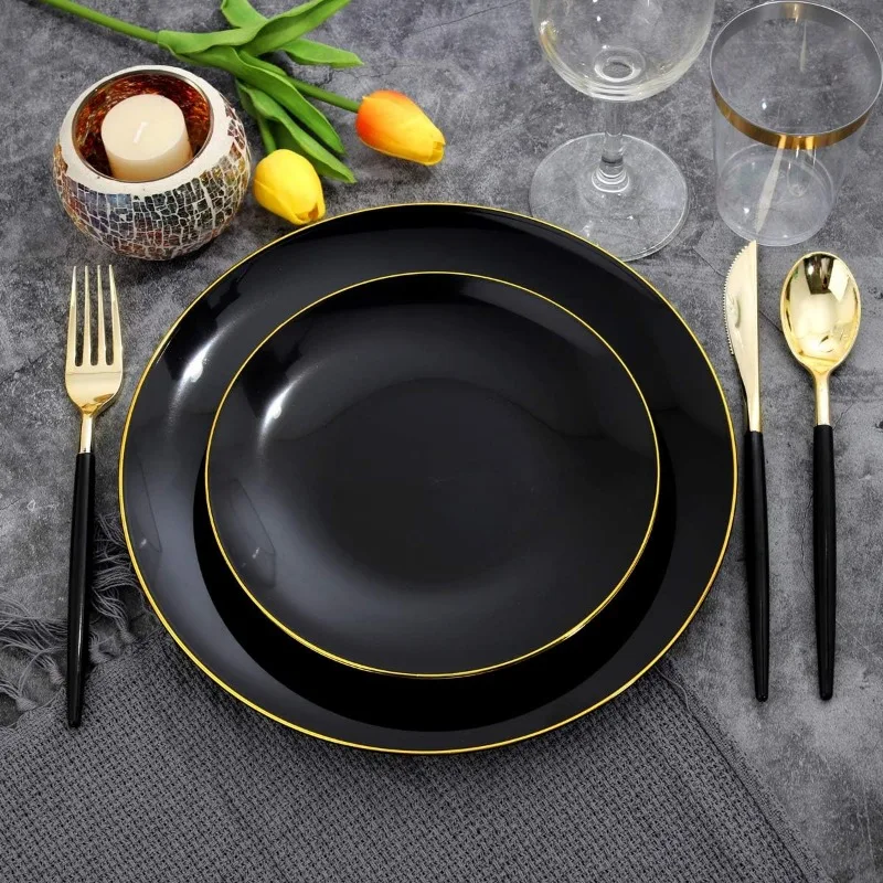 150PCS Black Plastic Plates-Black and Gold Disposable Plates-Premium Heavyweight Gold Plastic Dinnerware