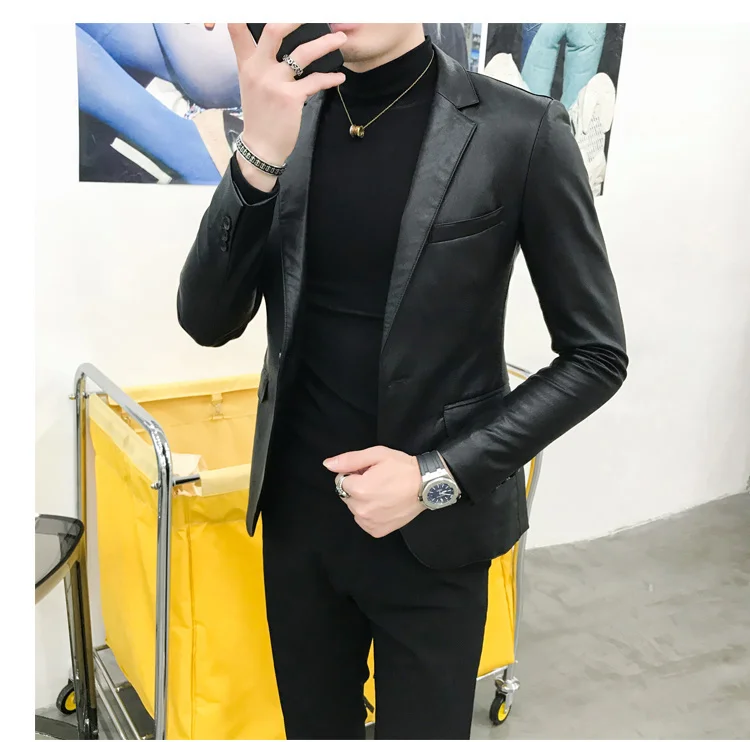 Button One PU Blazer Men Slim Fit Blazer Masculino Black Mens Blazer Para Hombre Vintage Prom Blazers For Men black blazer for men