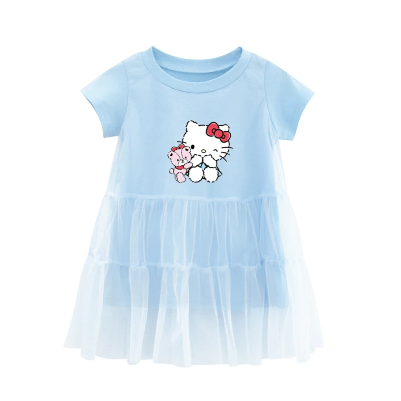 Kawaii Hello Kitty Girls Dresses Cartoon Summer Fashion Children Short Sleeve Princess Dresses Party Children's Dresses Gowns