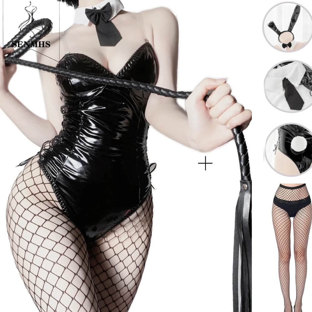 

SENMHS Anime Sexy Cute Bunny Girl Cosplay Leather Material Rabbit Kawaii Passion Erotic Temptation for Woman Deep V Costume