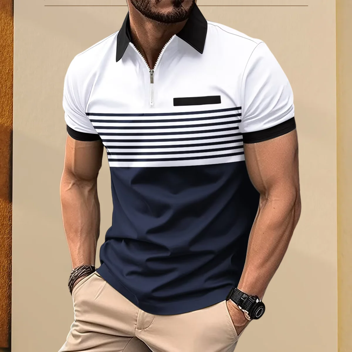 2025 Men's Summer short-sleeved POLO Shirt With Zipper Striped Print, False Pocket Decoration, Casual Business Lapel 6 S995e4c82890f4b789045a32cb946022dA