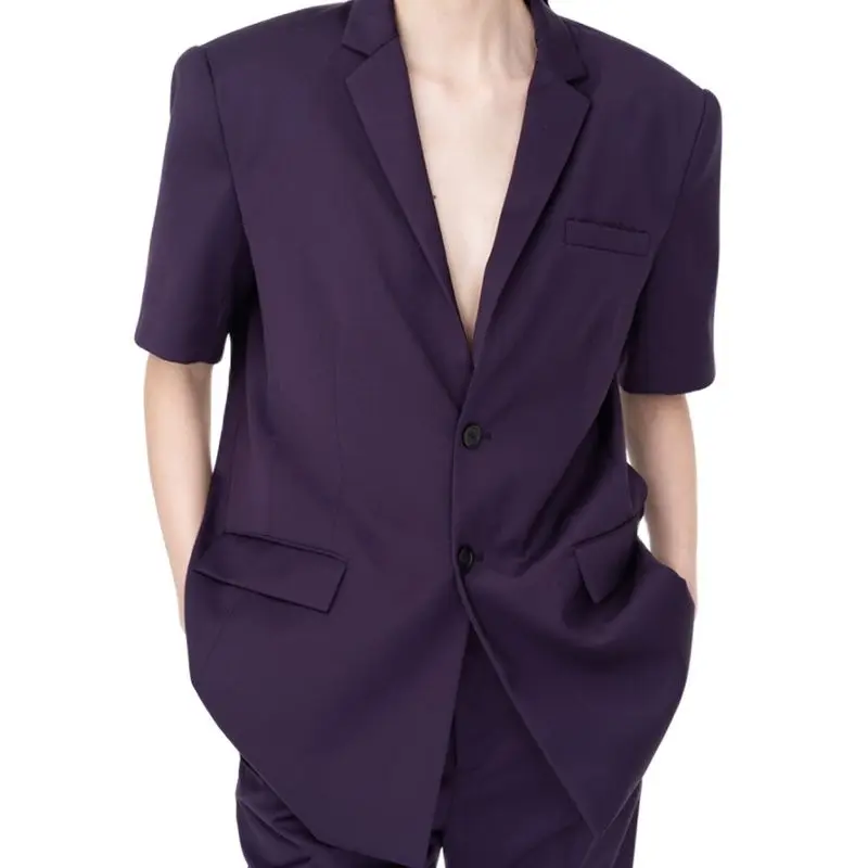 

Notch Lapel Purple Men Suits Slim Fit 2 Piece Short Sleeve Blazer With Pants Classic Summer Beach Wedding Groom Fashion Outfits