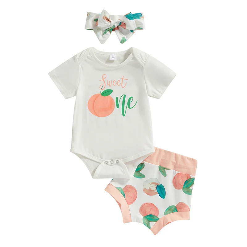 

Baby Girls Summer Outfit Sets White Short Sleeve O Neck Romper + Peach Print Shorts + Headband