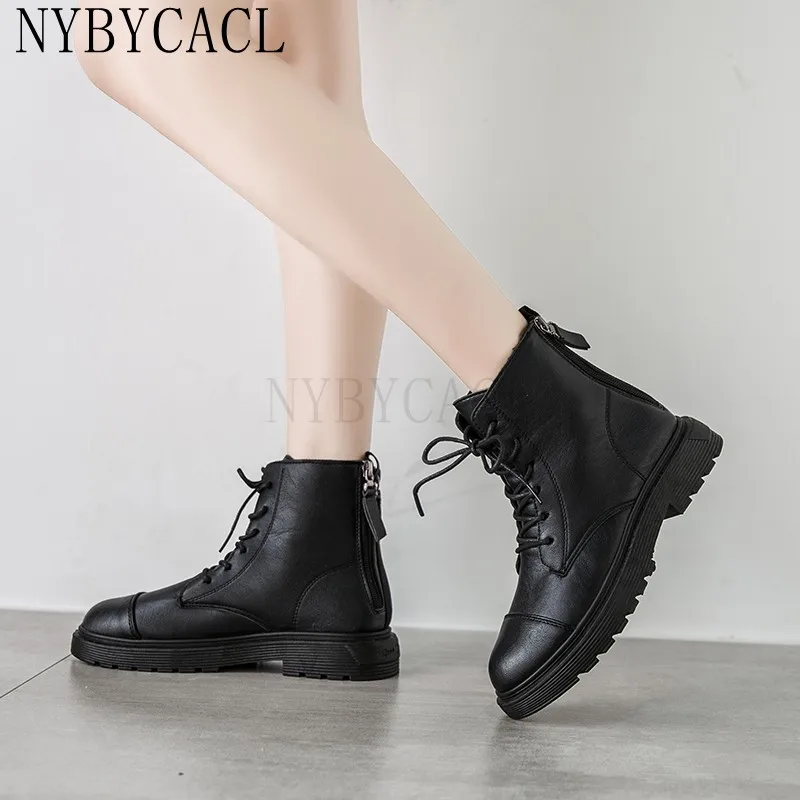 Black Boots Women's Cow Leather Shoes Platform Chunky Boots Lace Up Ankle Boots Winter Autumn Zip Shoes Brand 2022 New