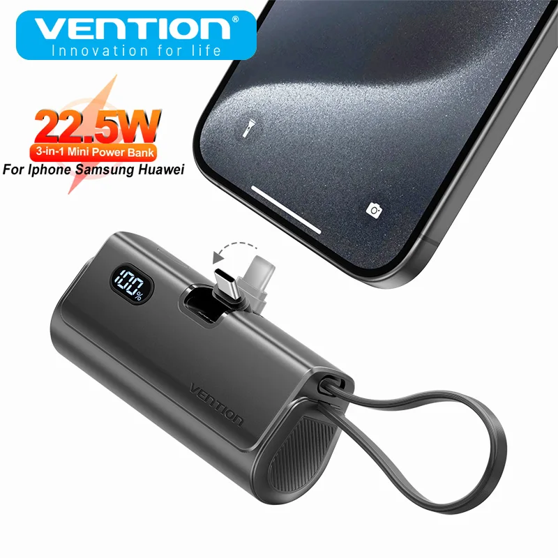 Power Bank 3 in 1 Mini External 4800mAh 22.5W Type C PD Charger For iPhone16 Xiaomi Vention