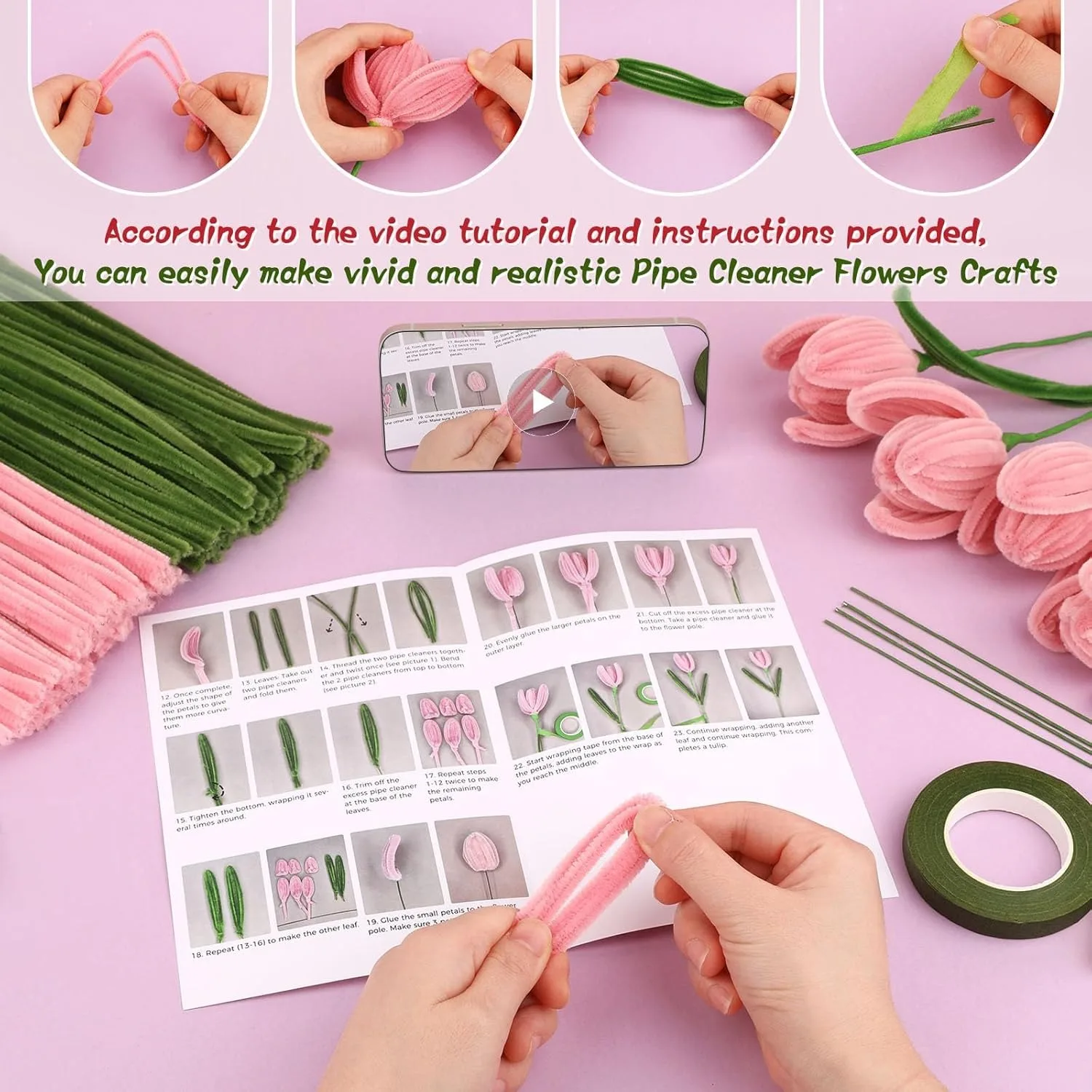 OUBAI Pipe Cleaner Flower Kit Pipe Cleaner Flowers Chenille Stems Set with Floral Wire Instructions for DIY Art