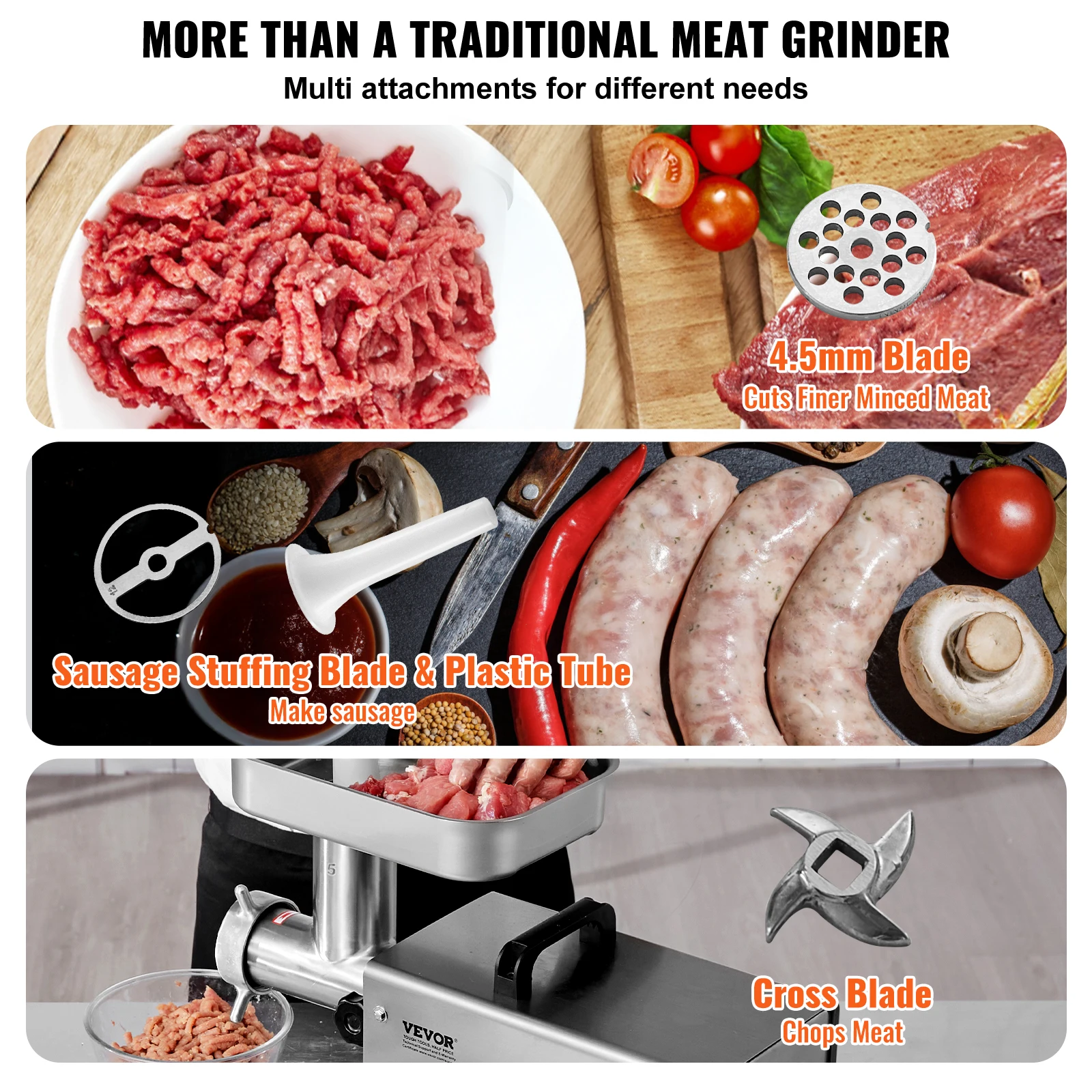VEVOR Stainless Steel Commercial Meat Grinder, 5 Lbs/Min Capacity Electric Meat Grinders w/ Blade, Grinding Plate, Sausage Maker 3