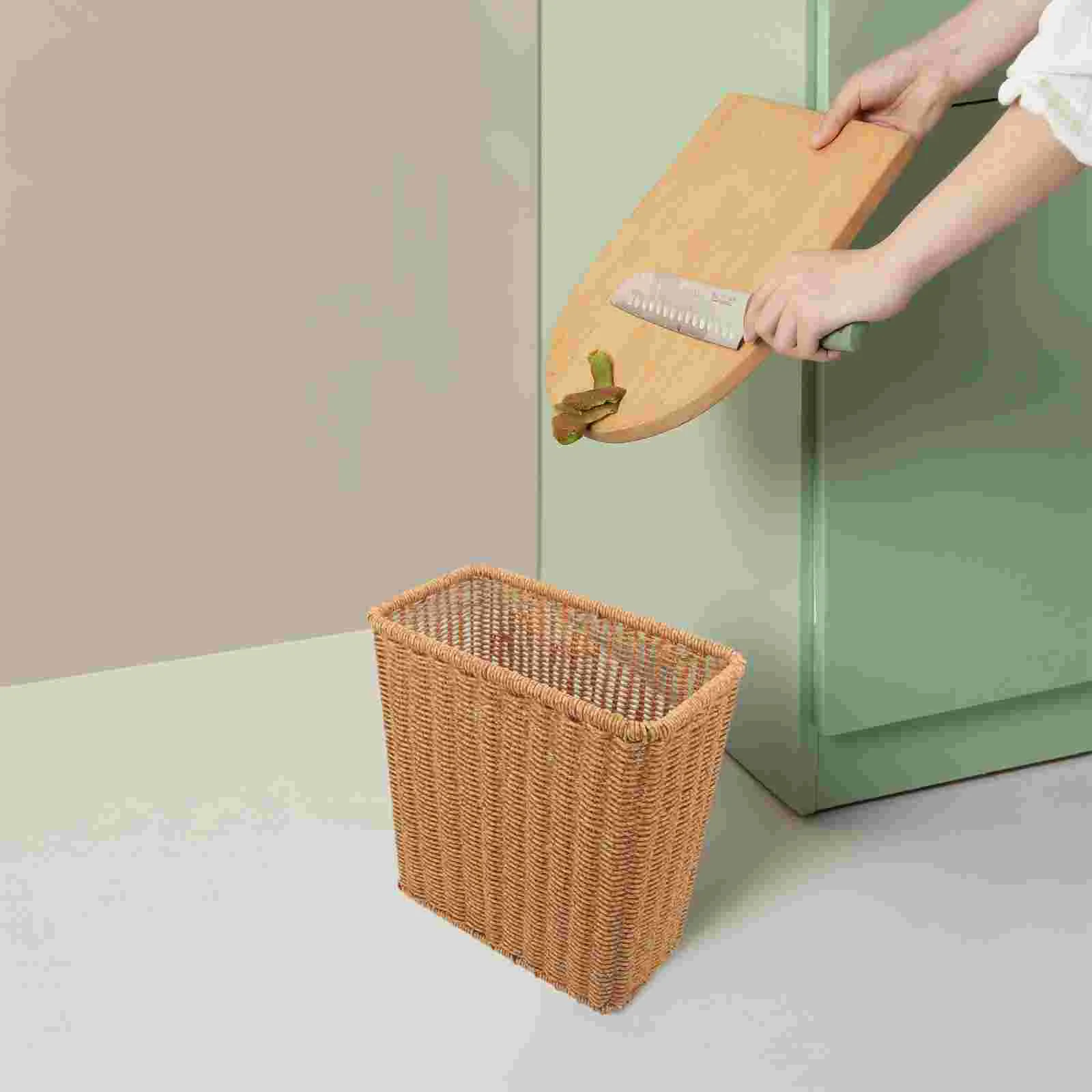 

Wicker Waste Paper Basket Small Woven Basket Trash Can Decorative Rectangular Garbage Container Bin Laundry Hamper