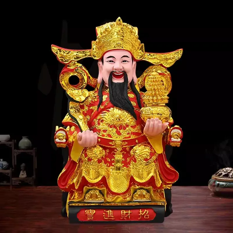 Gold-Plated Resin Buddha Statue of God of Wealth, Ornament for Family Worship Temple, Chinese Figurine, 12 in