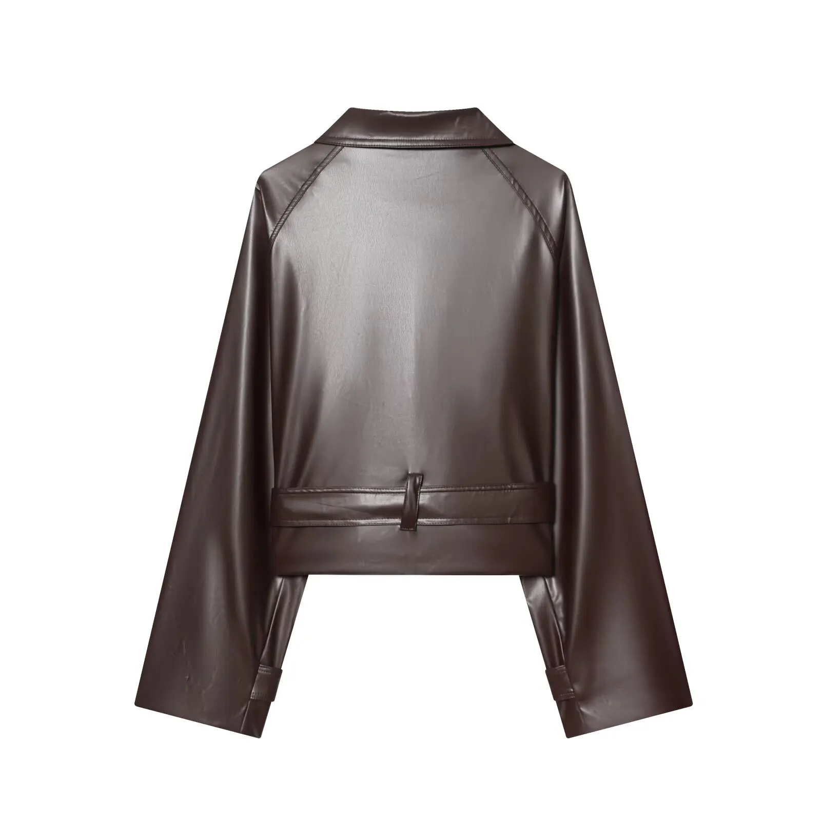 Street Women's Cropped Leather Jackets With Belt Lapel Double Breasted Pocket Long Sleeve Coat Spring Lady Vintage New Outerwear