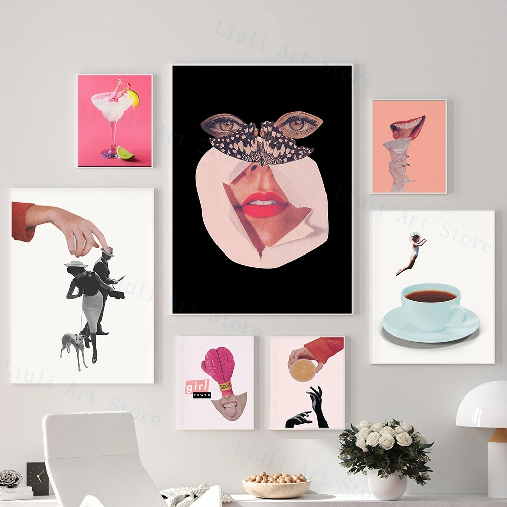 Fun Minimalista Wall Art Cocktail Coffee Pink Femility Power Retro Women Canvas Painting Camera Da Letto Nordic Home Decor Pictures