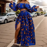 Jupe Maxi à Col Slash et Manches sulfpour Femme, Ensemble Deux Pièces, Mode Nationale Africaine, Sexy, Fente Haute, Vêtements Africains 1