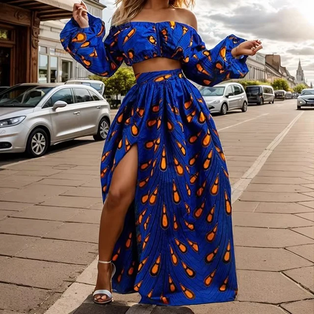 Jupe Maxi à Col Slash et Manches sulfpour Femme, Ensemble Deux Pièces, Mode Nationale Africaine, Sexy, Fente Haute, Vêtements Africains 1