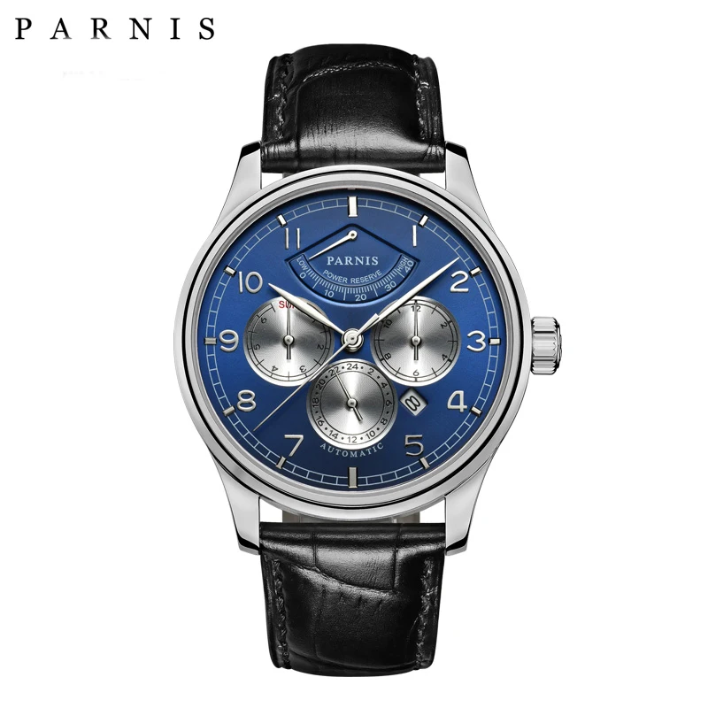 

Parnis 26 Jewels Luxury 43mm Moon Phase Automatic Men Watches Leather Strap Miyota 9100 Blue Dial Power Reserve Mechanical Watch