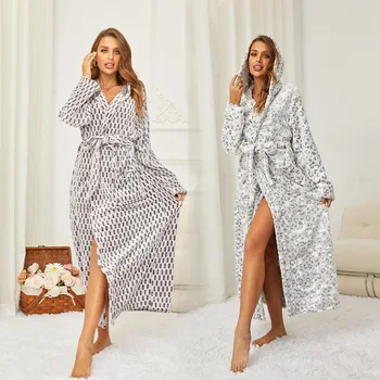 Hooded Leopard Kimono Nightgown Soft Flannel Robes for Female Winter Autumn New Nightwear Loose Sleepwear Shower Peignoir