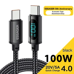 Essager 100W/5A Fast Charging USB-C to USB-C Cable, 2M Length - 1m (100W Black Cable 01)