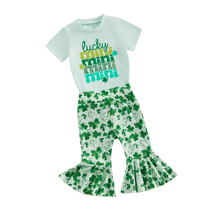 

Toddler Baby Girl St Patricks Day Outfit Lucky Mini Top Four Leaf Clover Shamrock Flared Pants 2Pcs Clothes Set