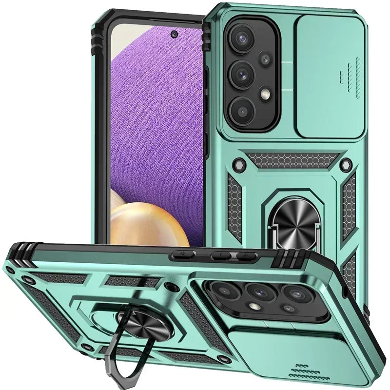 Military Grade Shockproof Phone Case with Slide Camera Lens Cover & Holder Ring Stand