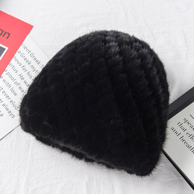 Russia Winter Lady Natural Mink Fur Beanies Hat Knit Warm Striped Genuine Mink Fur Caps Women Good Elastic Real Hat