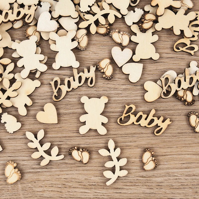 Mixed Baby Bear Heart Leaf Wood Confetti Kids Boy Girl Birthday Party Table Scatter Baby Shower DIY Decorations Supplies 100Pcs
