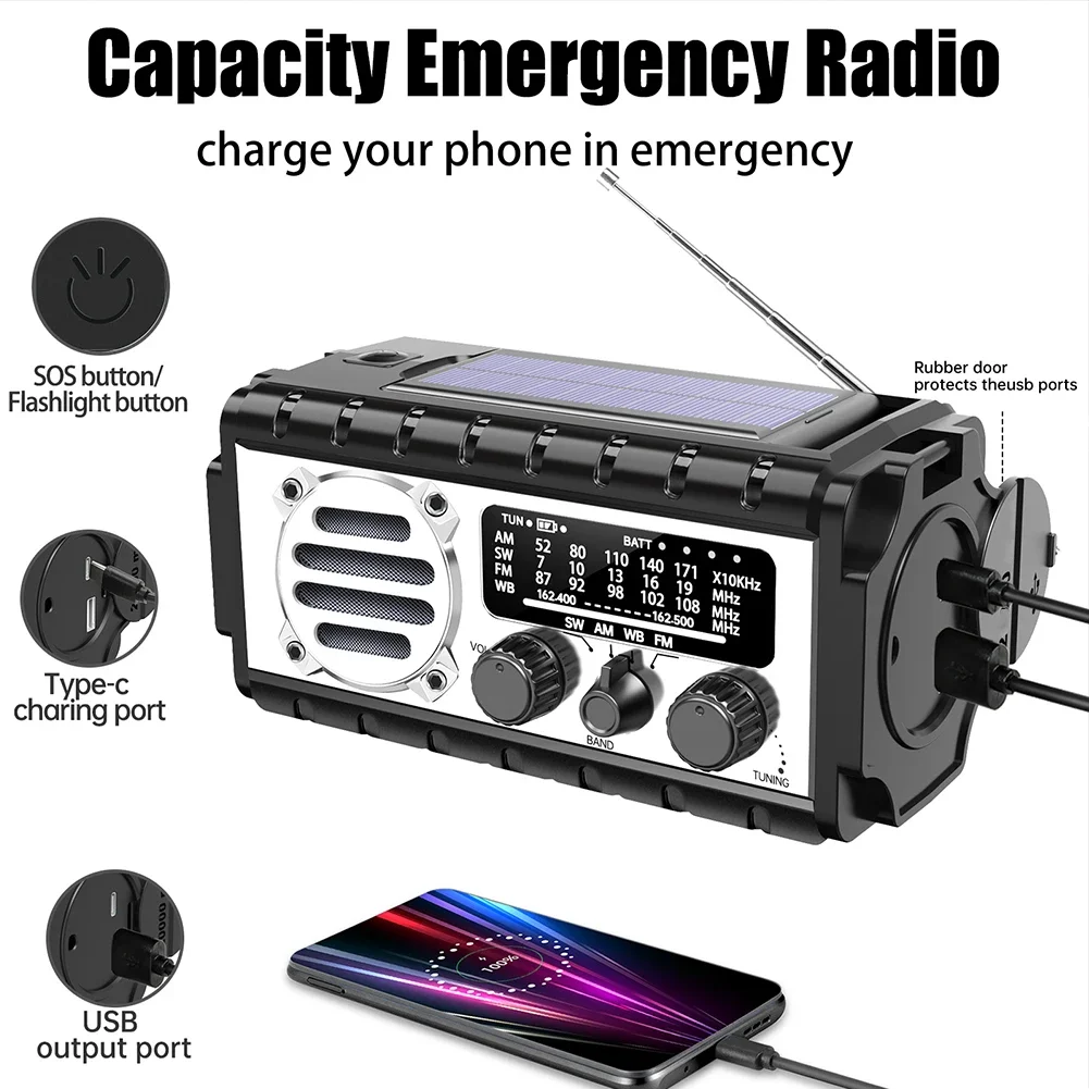 20000mAh 다기능 비상용 태양열 크랭크 라디오 야외 AM/FM/SW/NOAA 기상 라디오 손전등 SOS 알람 모바일 보조 배터리