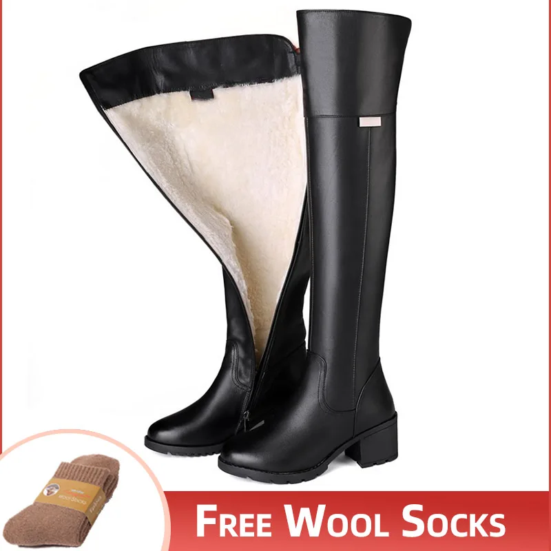 

2023 New Warm Wool Over The Knee Boots Winter Thigh High Boots Women Genuine Leather Thick Sole Motorcycle Boots Women Casual
